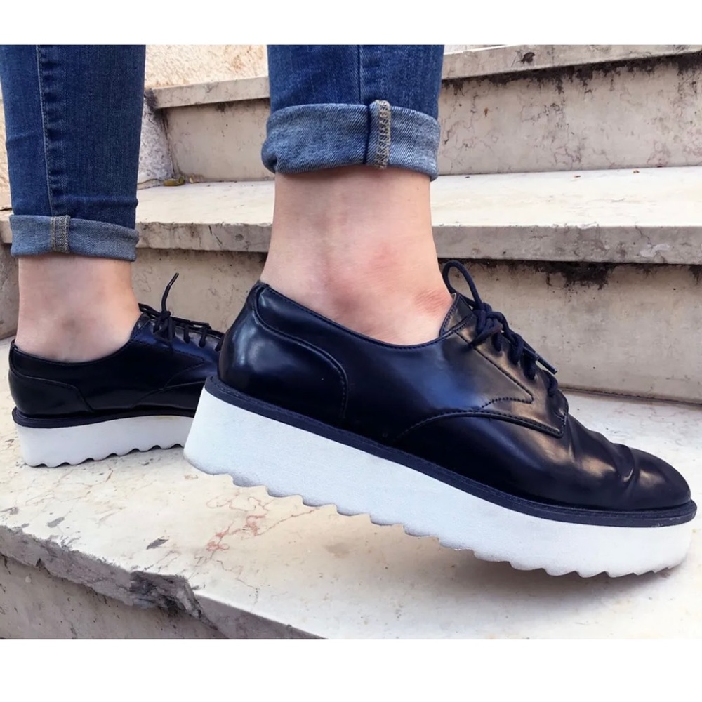 Zara patent leather lace-up navy blue platform shoes women Size 36/ 6US
